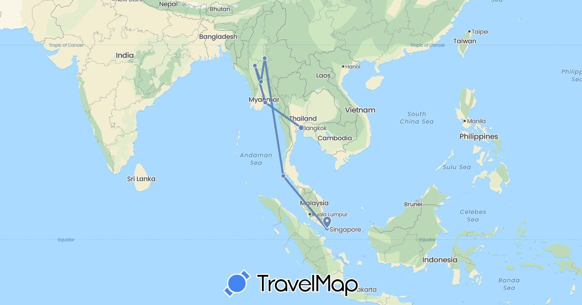TravelMap itinerary: driving, cycling in Myanmar (Burma), Singapore, Thailand (Asia)